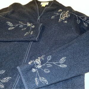 Pendleton Virgin Wool Teal Zip-Up Cardigan with Floral Embroidery Detail